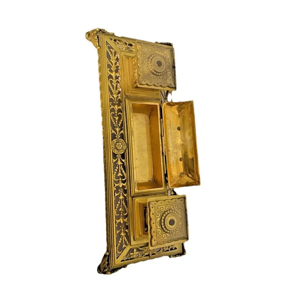 1890 Antique Gilt Bronze Double Inkwell Extraordinary Engraved Heavy Solid Vntg